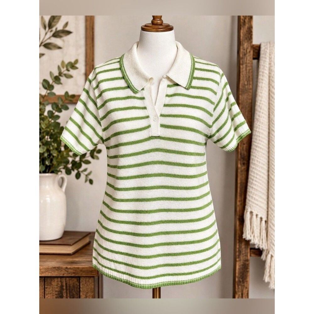 White Stag Green & Cream Striped Knit Polo Shirt Short Sleeve